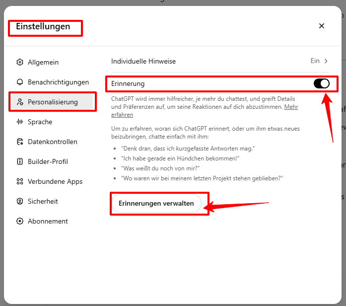 ChatGPT Erinnerungen
