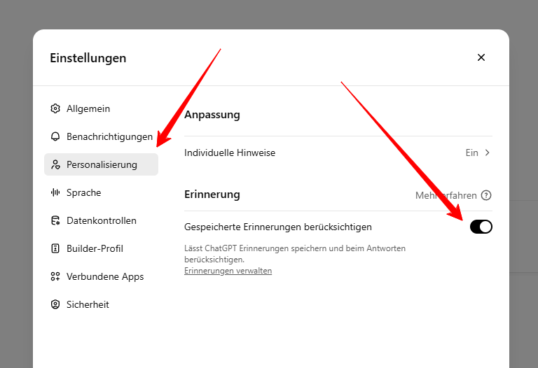 Erinnerungen in ChatGPT enschalten